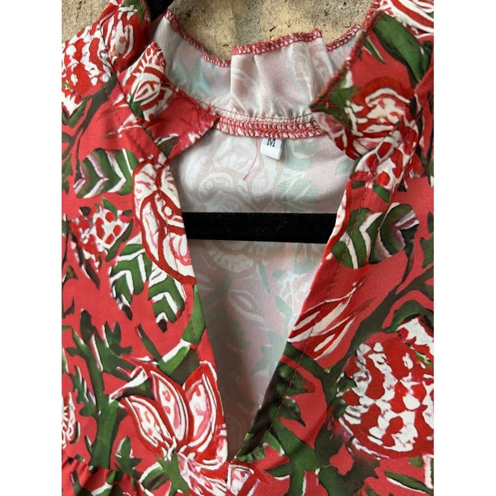 Womens Red Floral Print‎ Puff Sleeve Mock Neck Tunic Top M - Picture 3 of 6